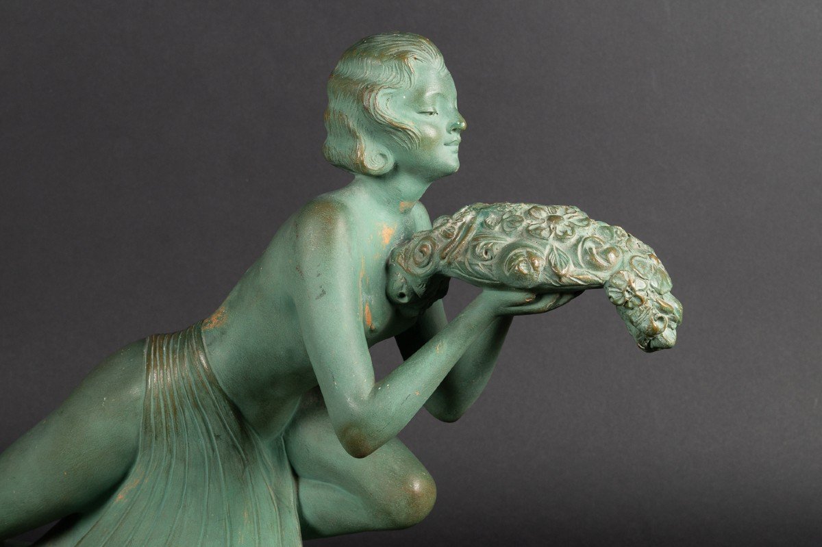 Femme Avec Un Panier De Fleurs, Terre Cuite, Art Déco, Georges Maxim (1885-1940), Années 1920-photo-2