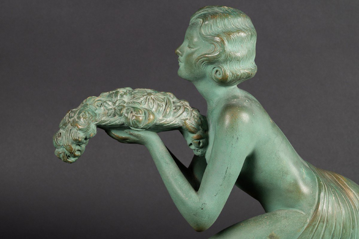 Femme Avec Un Panier De Fleurs, Terre Cuite, Art Déco, Georges Maxim (1885-1940), Années 1920-photo-5