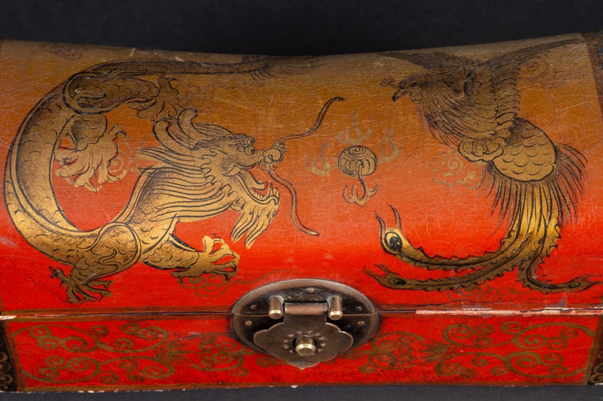 Oreiller Avec Dragon Et Phénix, Cuir Et Bois, Chine, Qing / République, XIXe /XXe siècle-photo-3