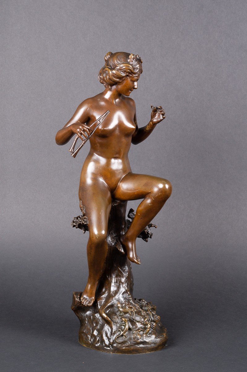 Nymphe Jouant De l'Aulos, Armand Pierre Louis Quénard (1865-1925), Bronze, France, Fin Du XIXe -photo-2
