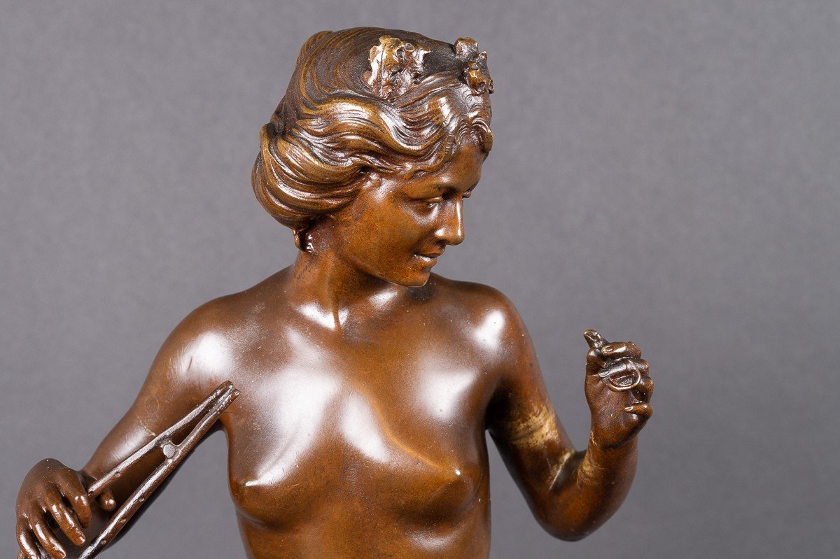 Nymphe Jouant De l'Aulos, Armand Pierre Louis Quénard (1865-1925), Bronze, France, Fin Du XIXe -photo-2