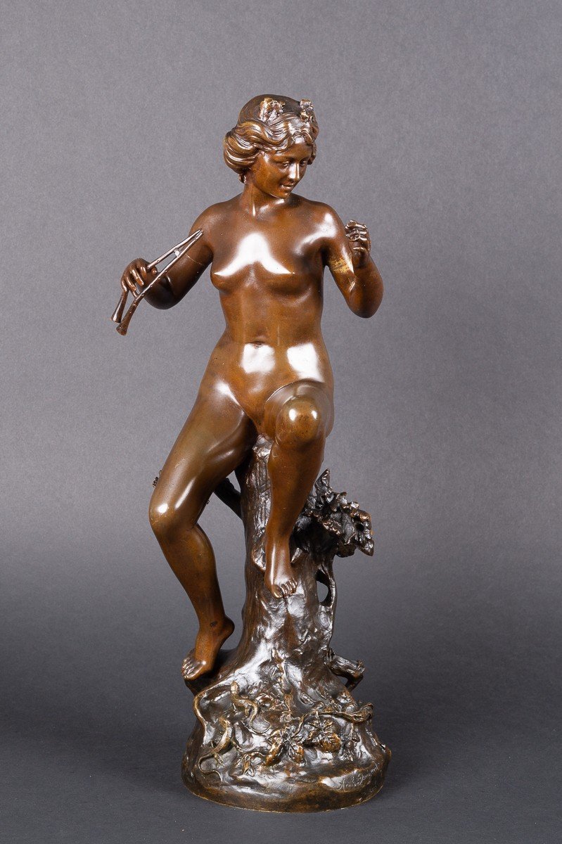 Nymphe Jouant De l'Aulos, Armand Pierre Louis Quénard (1865-1925), Bronze, France, Fin Du XIXe 