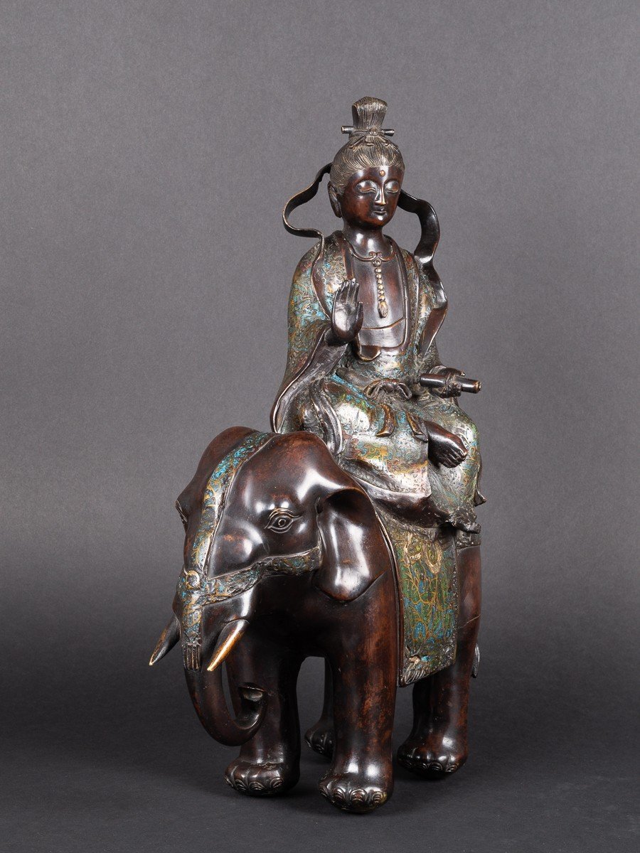 Kannon Bosatsu Sur Un éléphant, Japon, ère Meiji / Taisho, Bronze Et Champlevé, Vers 1900-photo-3