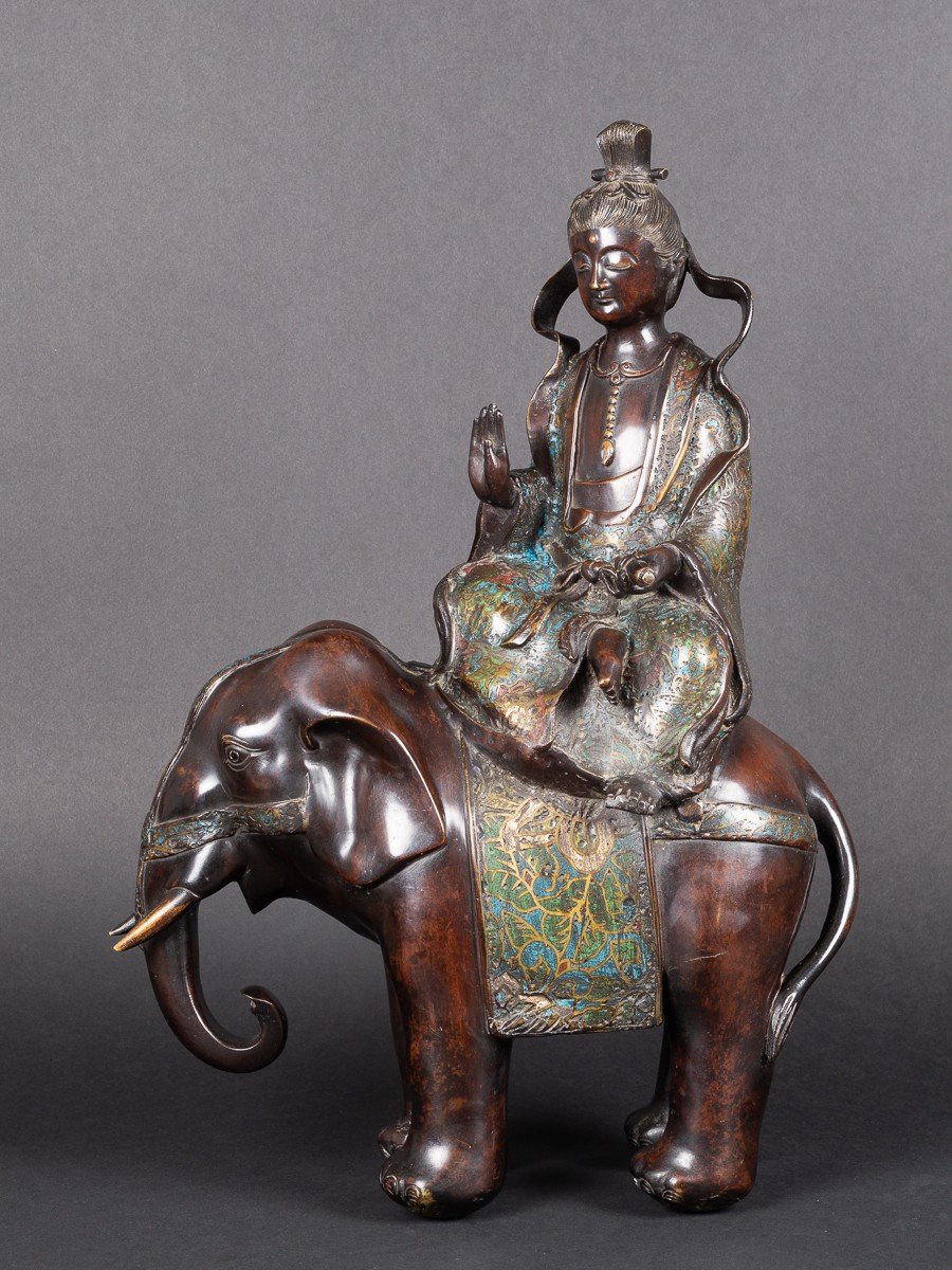 Kannon Bosatsu Sur Un éléphant, Japon, ère Meiji / Taisho, Bronze Et Champlevé, Vers 1900-photo-4