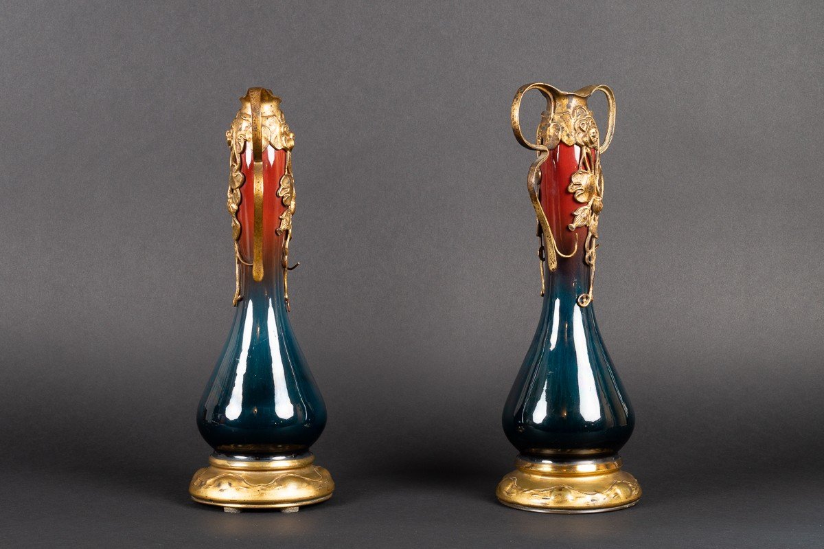 Paire De Vases, Art Nouveau, Céramique Et Bronze Doré, Allemagne ?, Vers 1900. -photo-4