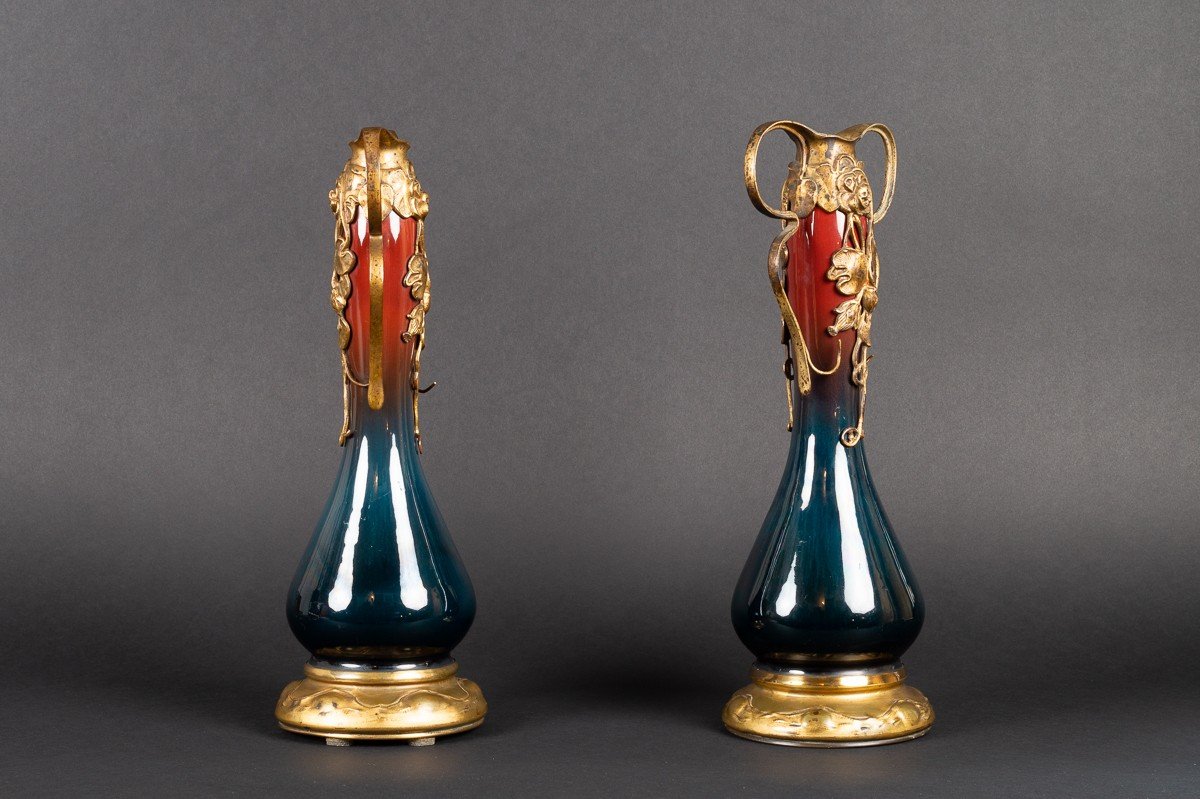 Pair Of Vases, Art Nouveau, Ceramic And Gilt Bronze, Germany?, Circa 1900.-photo-4