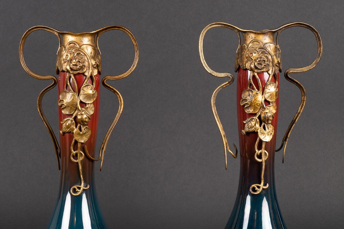 Pair Of Vases, Art Nouveau, Ceramic And Gilt Bronze, Germany?, Circa 1900.-photo-1