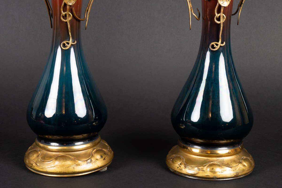 Paire De Vases, Art Nouveau, Céramique Et Bronze Doré, Allemagne ?, Vers 1900. -photo-2