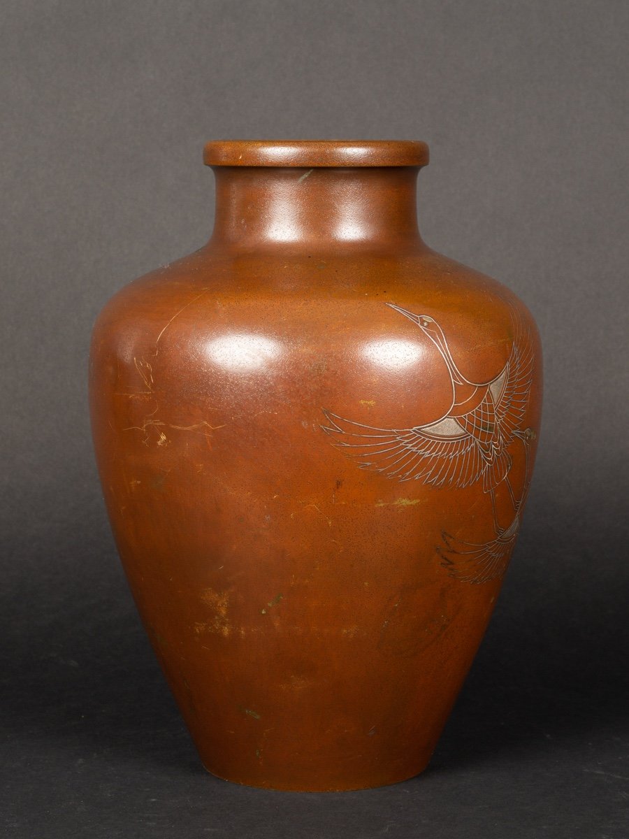 Vase Grue, Signé, Bronze Incrusté d'Argent, Japon, ère Meiji / Taisho, Début Du 20e Siècle. -photo-2