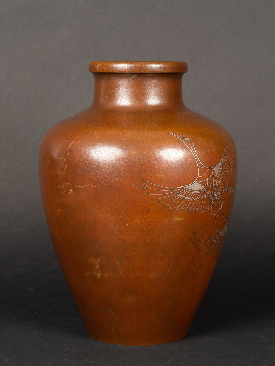 Crane Vase, Signed, Bronze Inlaid With Silver, Japan, Meiji / Taisho Era, Early 20th Century.-photo-2