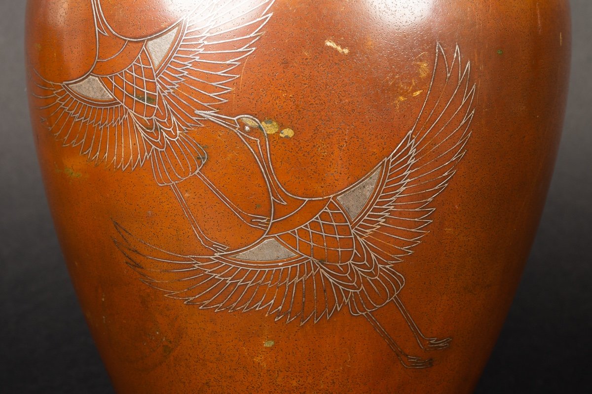 Crane Vase, Signed, Bronze Inlaid With Silver, Japan, Meiji / Taisho Era, Early 20th Century.-photo-3