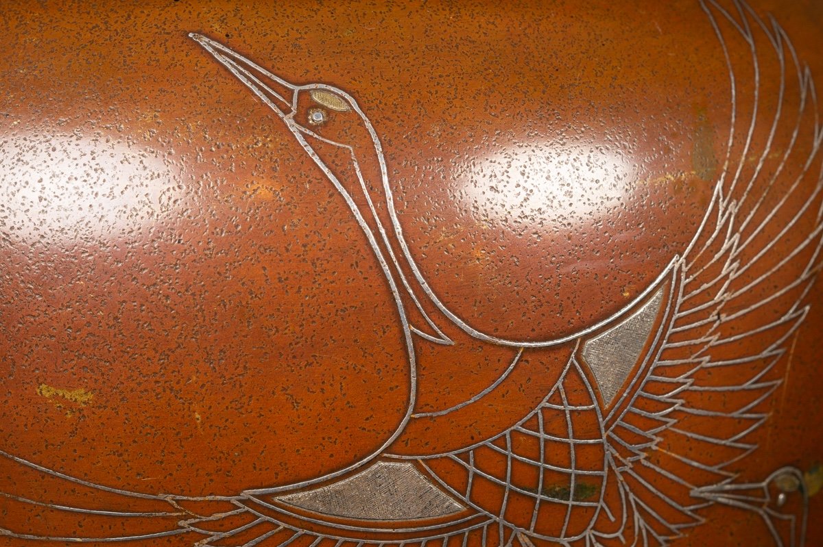 Vase Grue, Signé, Bronze Incrusté d'Argent, Japon, ère Meiji / Taisho, Début Du 20e Siècle. -photo-5