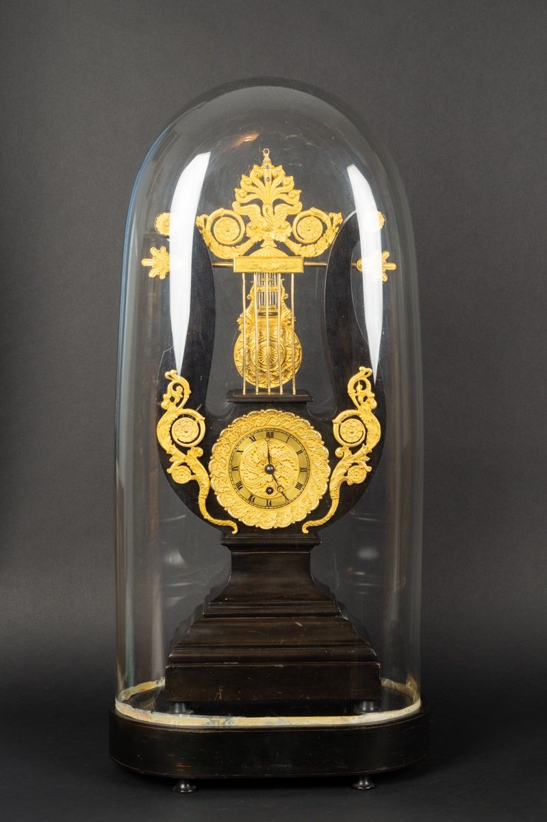 Lyre Pendulum Under Bell, Empire, France, Early Nineteenth Century