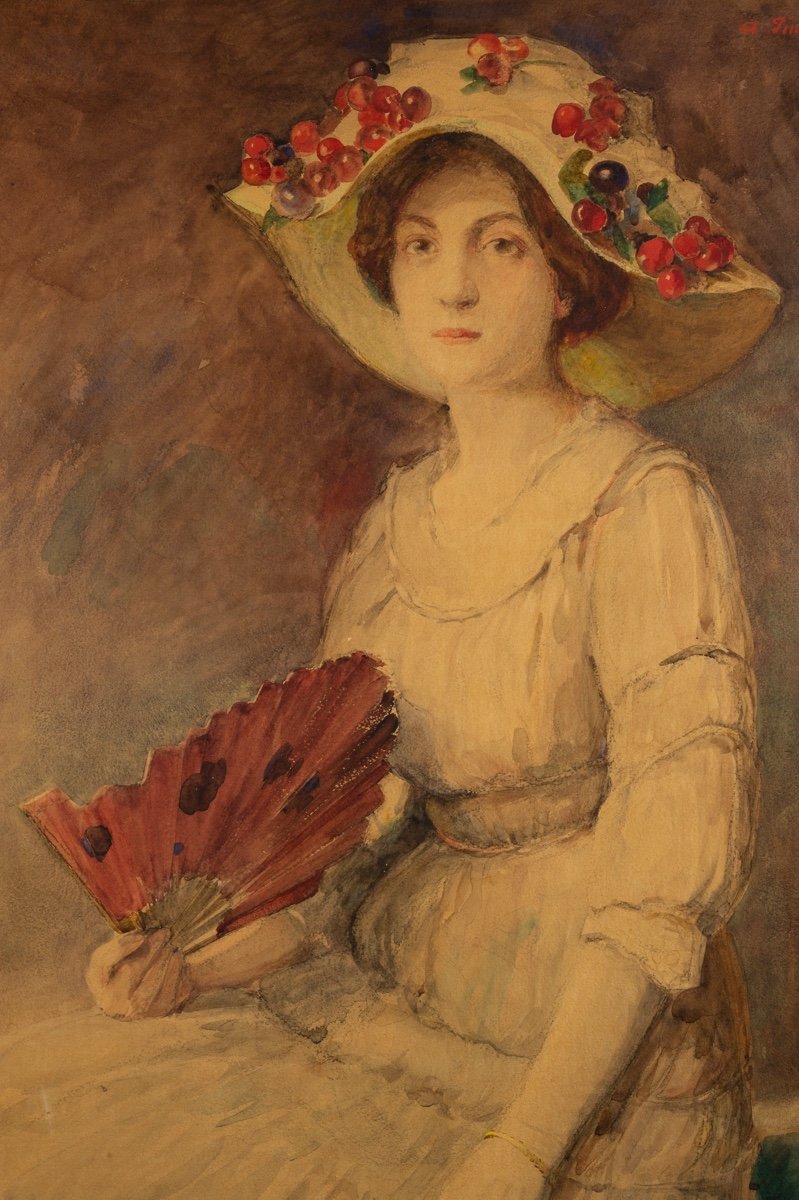 Large Portrait Of A Woman With A Fan, Albert Pinot, 1910, Pastel, Post-impressionism-photo-3
