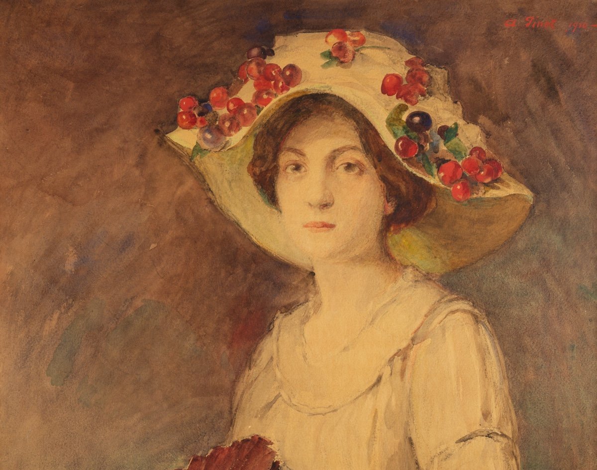 Large Portrait Of A Woman With A Fan, Albert Pinot, 1910, Pastel, Post-impressionism-photo-2