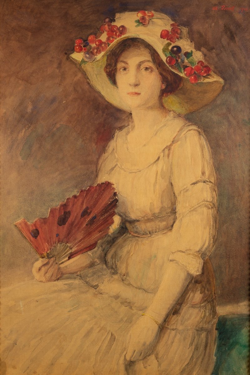 Large Portrait Of A Woman With A Fan, Albert Pinot, 1910, Pastel, Post-impressionism
