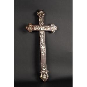 Large Apostolic Cross, Macau Or Tonkin, 19th Century, Wood Inlaid With Mother-of-pearl