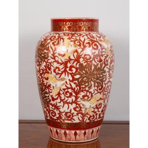 Vase Avec Moineaux Et Chrysanthèmes, Kutani, Japon, ère Meiji (1868-1912)