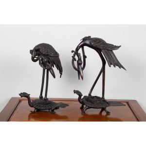 Paire De Grues Sur Des Tortues, Bronze, Japon, époque Edo (1603-1868)