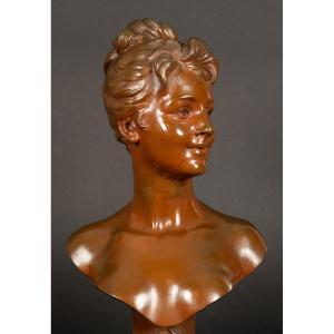 Buste De Dame Souriante, Émile Pinedo (1840-1916), Bronze, France, Fin Du XIXe Siècle 