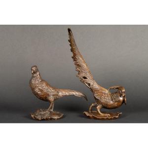 Pair Of Pheasants, Bronze, France, 19th Century.