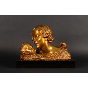 Buste De Mère Et d'Enfant, Alexandre Ouline (actif 1918-1940), Bronze Doré, Art Déco