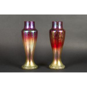 Pair Of Iridescent Vases, Art Nouveau, Bohemian, Wilhelm Kralik? 1900.