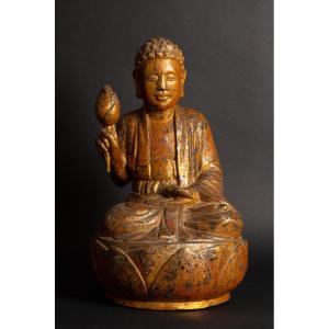 Buddha With Lotus Flower, Gilded Wood, China Or Vietnam, 19th Century.