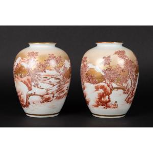 Pair Of Vases With Landscapes, Taniguchi, Kutani, Japan, Meiji Era (1868-1912).