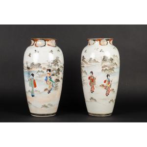 Pair Of Vases, Mizuno, Japan, Seto, Meiji Era (1868-1912).