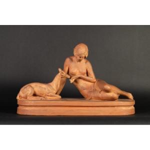 Woman With Greyhound, Ugo Cipriani (1897-1960), Terracotta, 1920s - 1930s.