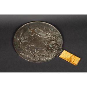 Mirror - Kagami With Cranes, Signed, Silver Bronze, Japan, Edo/meiji Era, 19th Century.