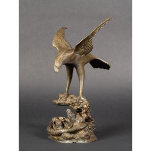 Faucon Et Serpent, Bronze, Japon, ère Meiji/taisho, Début Du XXe Siècle. 