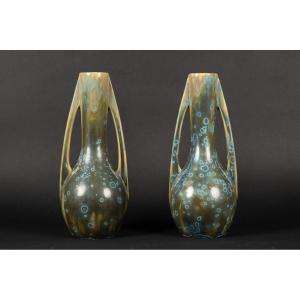 Paire De Vases, Pierrefonds, Art Nouveau, France, Vers 1900.  