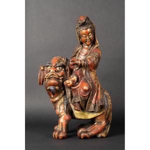 Guanyin With The Fo Dog, China, Qing Dynasty, 17th-18th Century, Polychrome Wood. 