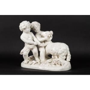Pair Of Putti With A Ram, Joseph d'Aste, Capodimonte, Naples, Early 20th Century.