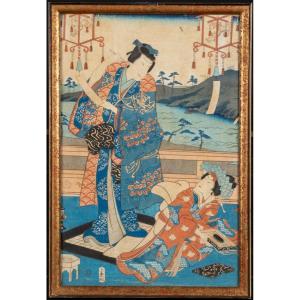 Couple Au Bord De La Mer, Estampe Ukiyo-e, Japon, époque d'Edo, XIXe Siècle. 