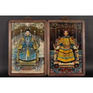 Couple Impérial, Peintures Inversées Sur Verre, Chine, XIXe/XXe Siècle. 