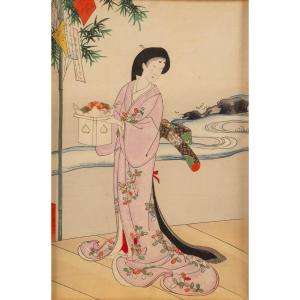 Femme au bord de l'eau, Toyohara Chikanobu (1838-1912), estampe ukiyo-e de l'ère Meiji, 1896