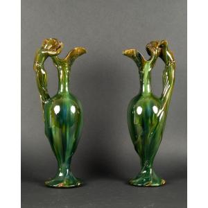 Paire De Pichets Jérôme Massier, Vallauris, Art Nouveau, Vers 1900.