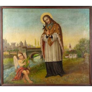 Saint Jean de Népomucène avec un ange, huile sur toile, 19e - 20e siècle. 