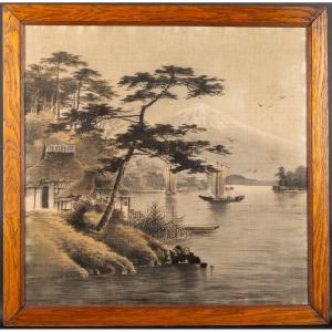 Vue du mont Fuji, broderie Yuzen-Birodo, Japon, ère Meiji (1868-1912). 
