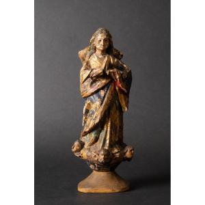 Immaculate Virgin Mary, Polychrome Wood, South America, 18th Century 