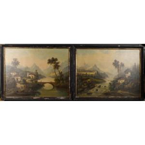 Paire de paysages de montagne, huile sur toile, signés, 1871. 