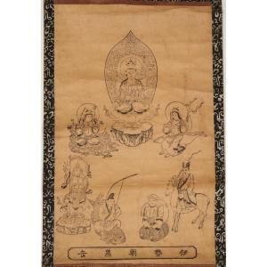 Buddha With Figures, Woodblock Print, Kakemono, Japan, Edo Period, 19th Century.