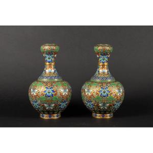Pair Of Vases, Cloisonné, China, Early 20th Century.