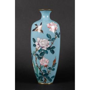 Vase With Roses, Cloisonné, Japan, Meiji / Taisho Period, Early 20th Century