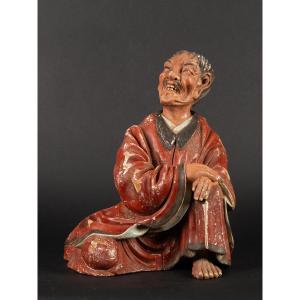 Buddhist Monk ? Polychrome Wood, Japan, Edo - Meiji Period, 19th Century.