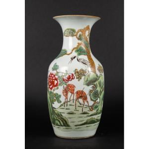 Vase With Deer And A Crane, China, Early 20th Century.