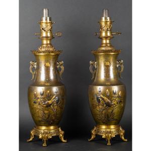 Paire de lampes en bronze incrusté, Susse Frères, Japon, France, 2e moitié du XIXe siècle.  